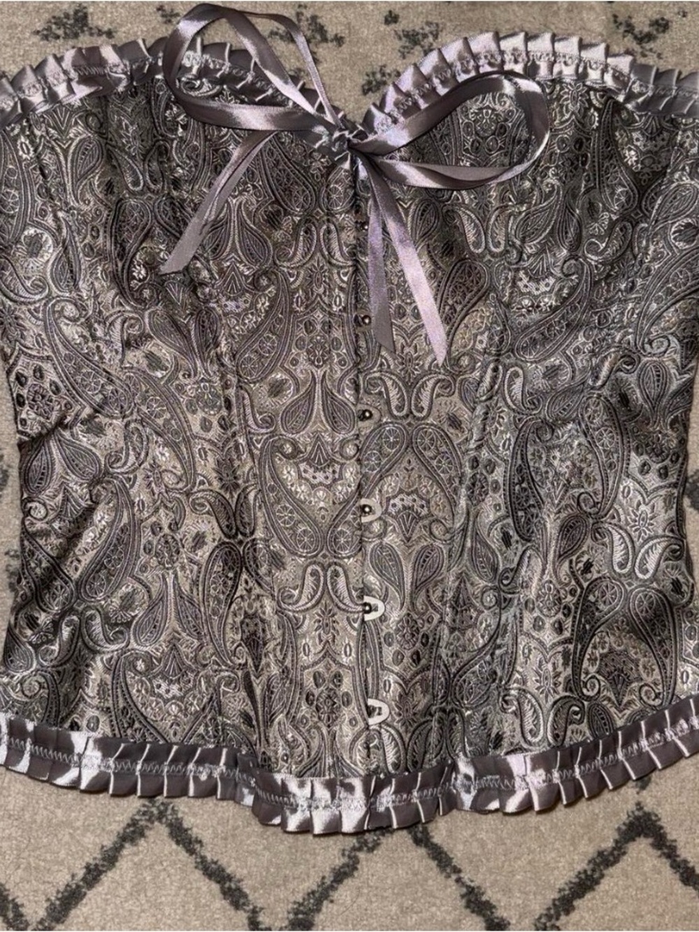 Satin Paisley Corset Top in Metallic Gray